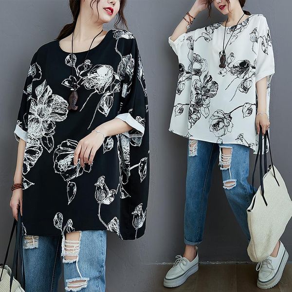 

plus size women's 2021 summer loose thin fashion retro flower pattern printed chiffon short-sleeved t-shirt s416, White