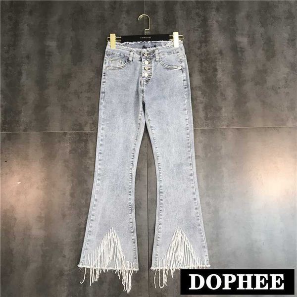 

women's jeans summer trousers tassel rhinestones drill chain wash water mill white micro students ryew, Blue