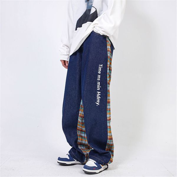 

pants fashionable the high street plaid stitching casual straight men's hip hop trendy loose drawstring leggings, Black