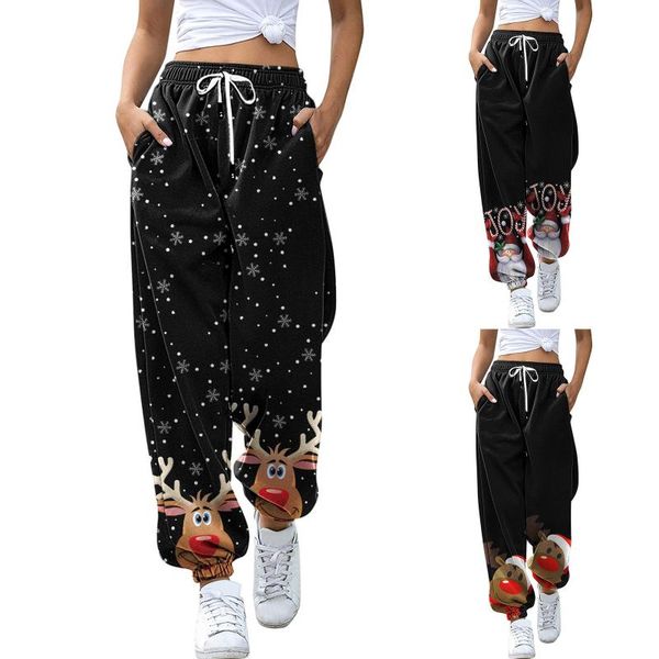 

women's pants & capris harajuku sweatpants for women christmas print pockets high waist gym athletic fit jogger female lounge trousers, Black;white