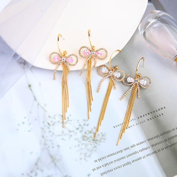 

dangle & chandelier uer delicate zircon bowknot drop earrings for women gold color brass long chains tassel fashion jewelry accessories, Silver