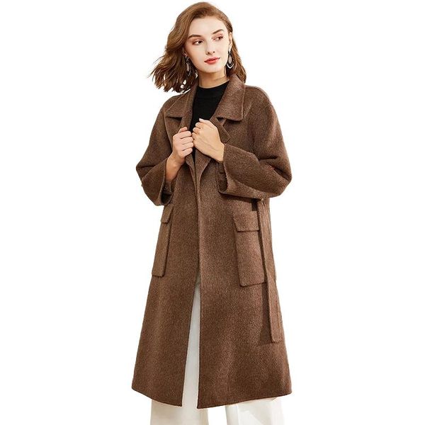 

women's wool & blends ladies fashion long real woolen coats 2021 arrival winter thick warm cashmere jackets streetwear trench s8705, Black