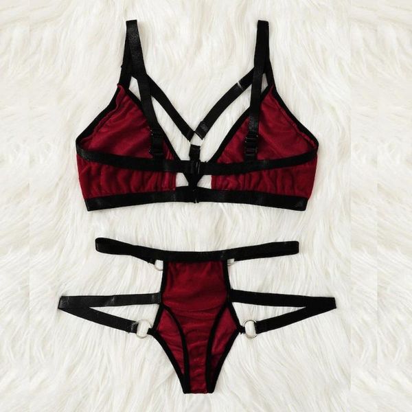 

bras sets women ring hollow velvet lingerie set bra with thong bandage underwear soft and stretchable adjusted, Red;black