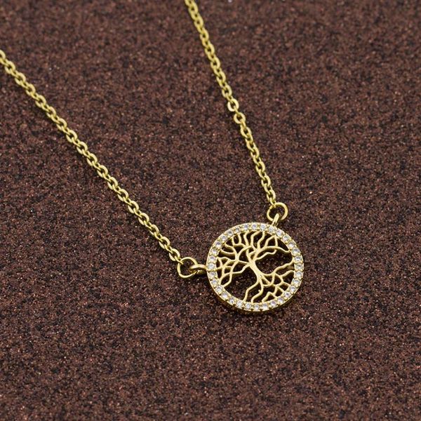 

pendant necklaces tree of life circular hollow necklace copper gold plated cubic zirconia girls birthday gift simple temperament jewelry, Silver