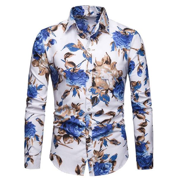 

men's casual shirts 2021 large long sleeved floral shirt lapel slim, White;black