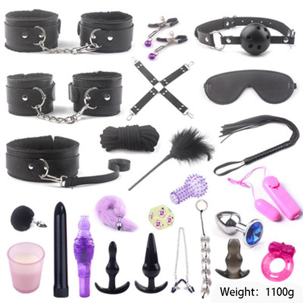 Массаж 25 шт. сексуальный БДСМ бондаж набор кляп наручники хлыст веревки повязка на глаза зажимы для сосков для женщин сексуальные игрушки для пар раб игры для взрослых