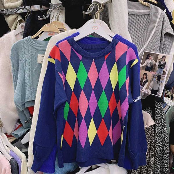 

pulls femme automne hiver argyle sweater cropped harajuku women sweaters and pullovers blue women's, White;black