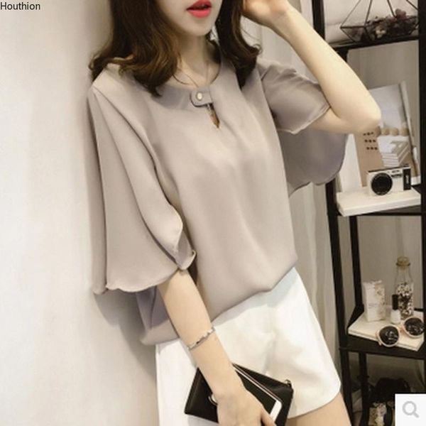 

women's blouses & shirts houthion casual summer korean shirt short sleeve solid color o-neck plus size fashion blusas, White