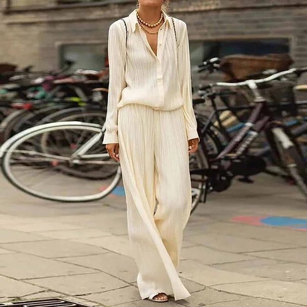 

women's two piece pants elegant turn-down collar office lady set spring long sleeve button shirt and suit summer solid women sets, White
