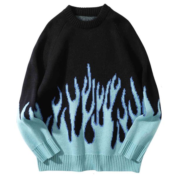

men's sweaters hip hop sweater pullover men blue fire flame knitted harajuku streetwear casual couple oversized sabk, White;black