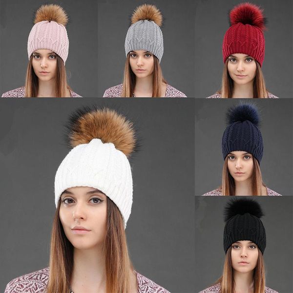 

beanie/skull caps winter beanie hat for women double layer thicked soft warm knited with raccoon fur pom hats womens, Blue;gray