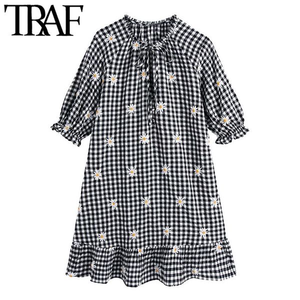 

traf women sweet fashion floral embroidery ruffled mini dress vintage tied o neck puff sleeve female dresses vestidos 210415, Black;gray