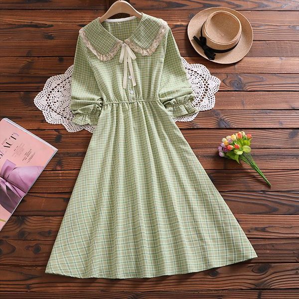 

mori girl elegant midi vestidos womens dresses autumn fashion peter pan collar long sleeve women plaid dress, Black;gray