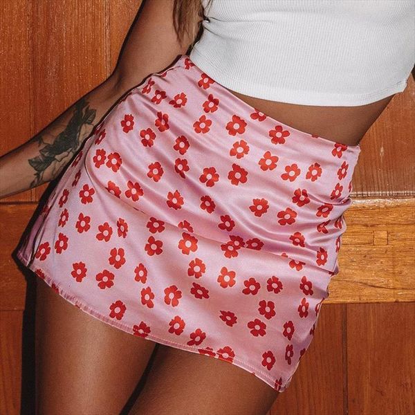 

floral print a line mini women skirts summer casual high waist satin y2k fashion back zipper purple for, Black