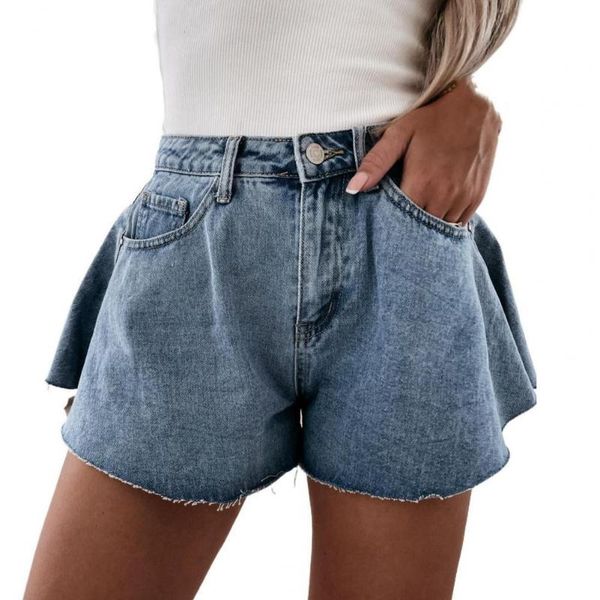

women's shorts s high waist wide leg denim blue multi pockets button jean streetwear, White;black