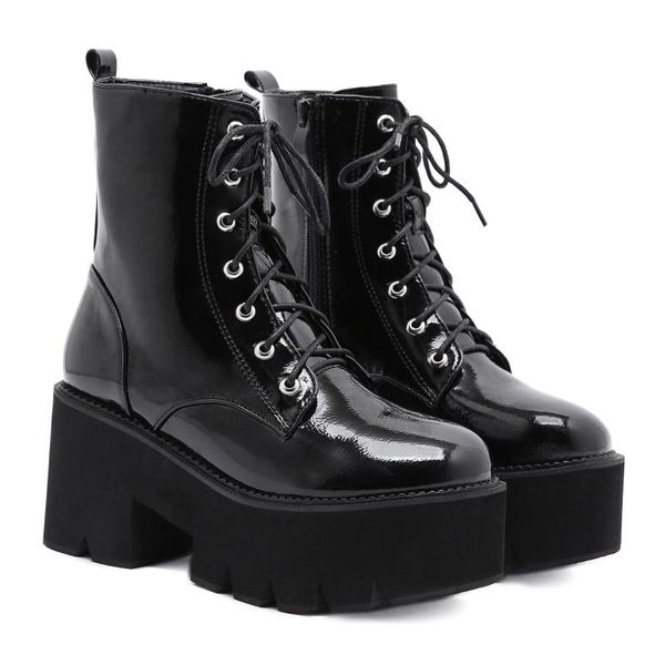 

boots spring genuine leather black women's short retro casual autumn fashion high heels lace up large size