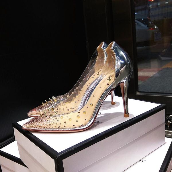 

dress shoes casual designer lady sliver leather crystal spikes mix pointy toe stiletto high heels bridal wedding prom evening, Black