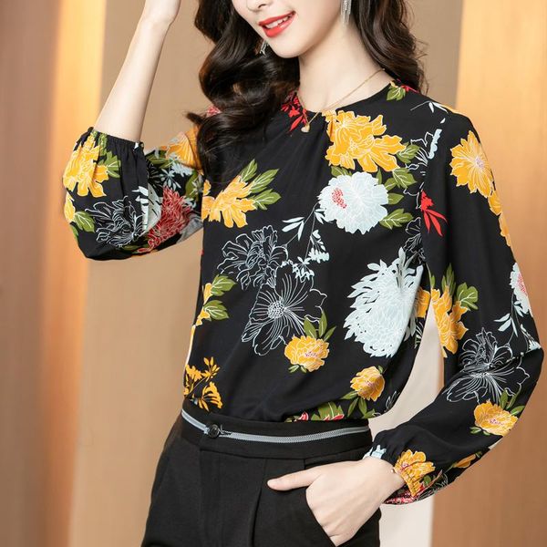 

women's blouses & shirts summer o collar shirt long sleeve printed blouse girl chiffon casual fashion lady loose, White
