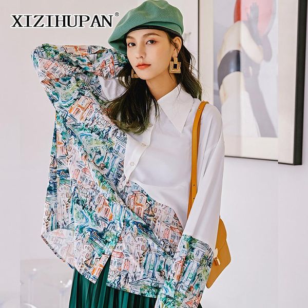 

irregular print casual shirts for women lapel long sleeve straight blouses korean streetwear female 2021 fashion style women's &, White