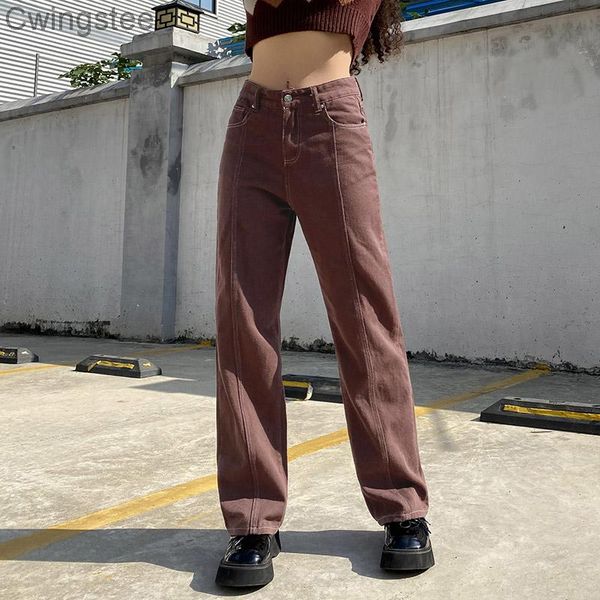 

women's jeans vintage harajuku solid brown denim streetwear straight zipper long pants korean fashion trousers aesthetic, Blue