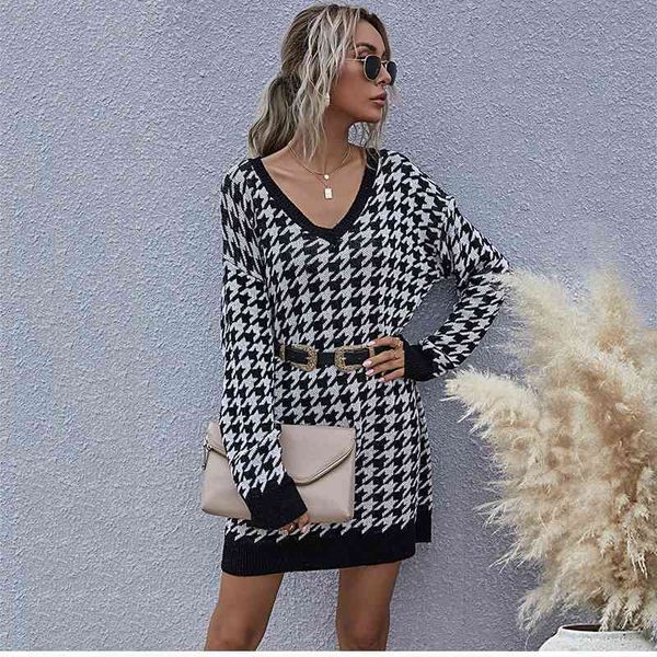 

houndstooth jumper sweater dress women autumn spring fashion knitted pullovers v neck ladies casual mini dresses 210521, Black;gray