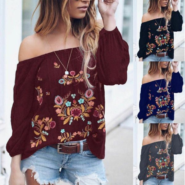 

women's t-shirt 2021 vintage women casual flower long sleeve off shoulder tee, White