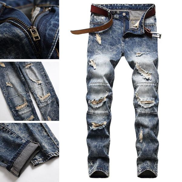 

men's jeans brand slim korean trendy pants ripped casual summer trend, Blue