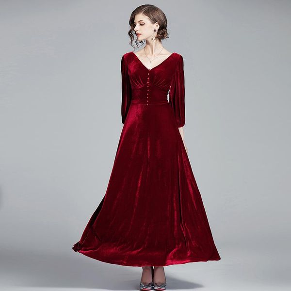 

casual dresses elegant autumn winter long velvet dress women fashion designers v neck solid aline vintage evening party robe femme vestidos, Black;gray