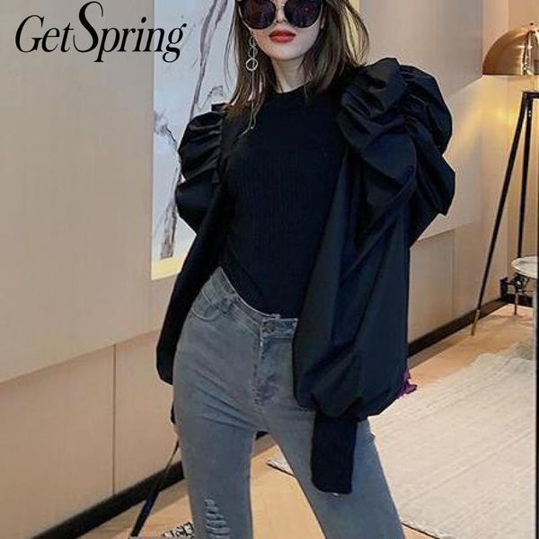 

getspring women sweater cotton stitching knitted puff sleeve bottoming pullovers all match autumn winter 210601, White;black