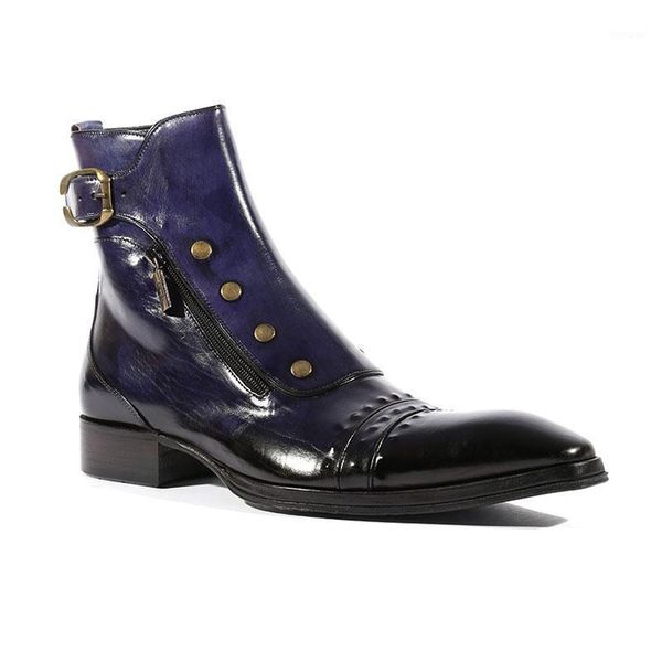 

boots men's ankle pointed toe rivets buckle low heels shoes b3021, Black