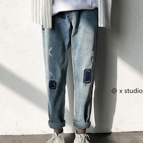 

men's jeans wholesale spring autumn patch hip hop cowboy students streetwear men's pants korean holes jokers straight r7k7, Blue