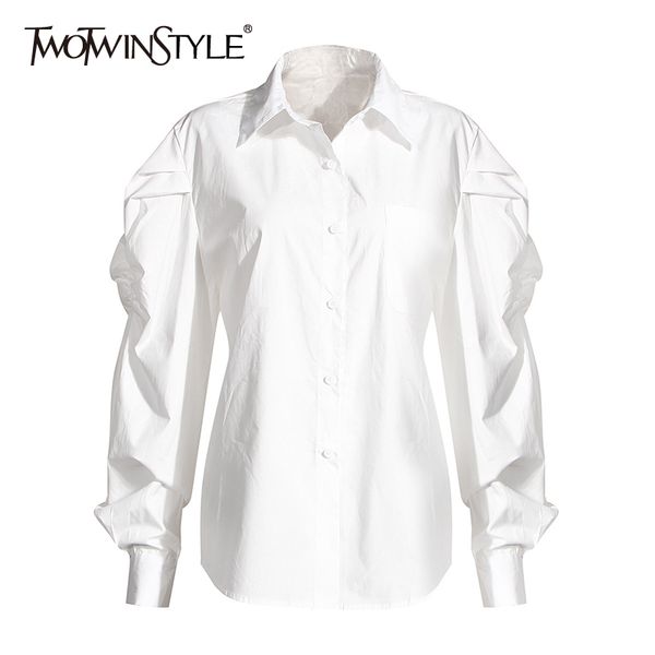 

casual shirt for women lapel puff sleeve minimalist large size loose blouse female autumn fashion style 210524, White