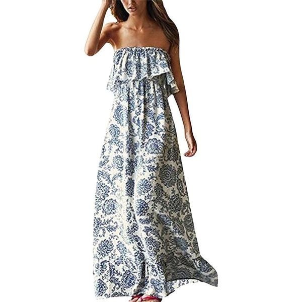 

casual dresses summer women\u2021s stylish retro tube a-line dress vintage printing ruffles off-the-shoulder long, Black;gray
