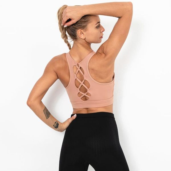 

yoga outfit sports underwear fitness cross beautiful back gather shockproof running bra women bralette crop mesh