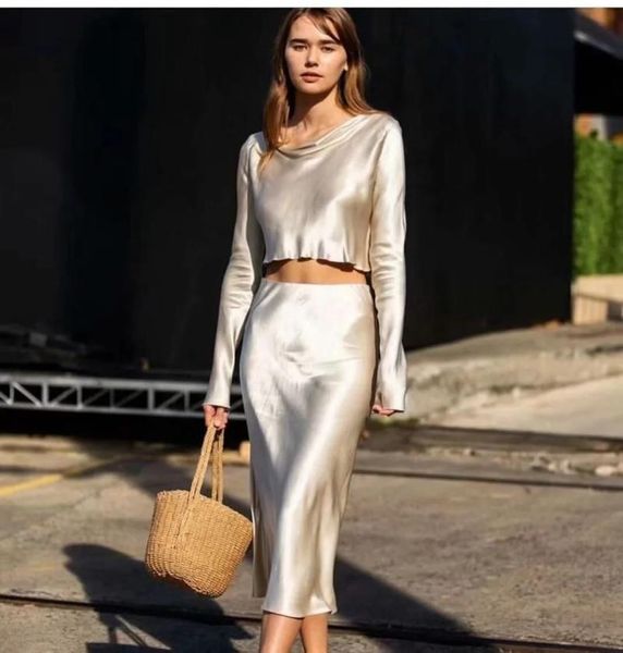 

silk long sleeve & midi skirt set women casual comfortable crop loose sweatshirt side zipper tracksuit women's t-shirt, White