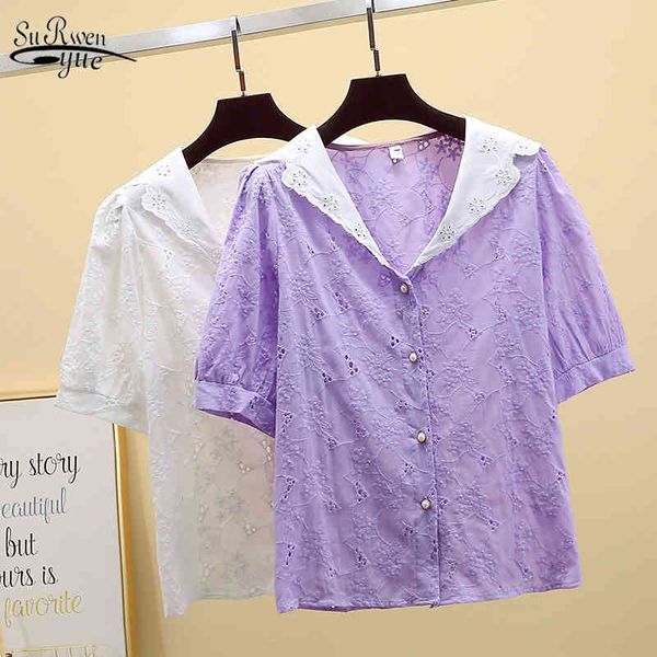 

korean fashion clothing solid hollow out white shirt women office lady chiffon blouse elegant summer v-neck ladies 9879 210521