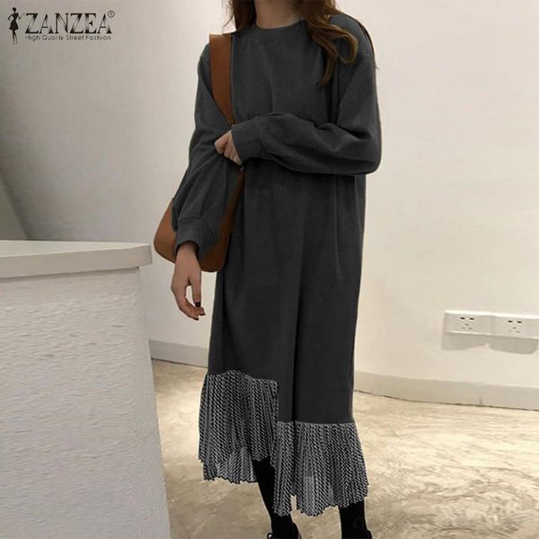 

casual dresses zanzea fashion patchwork long womens autumn sweatshirt dress korean puff sleeves vestidos o neck kaftan robe 5xl, Black;gray