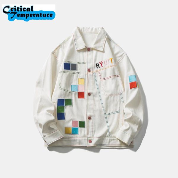 

men's jackets denim jacket men hip hop streetwear embroidery letter plaid 2021 autumn harajuku cotton coat outwear white, Black;brown