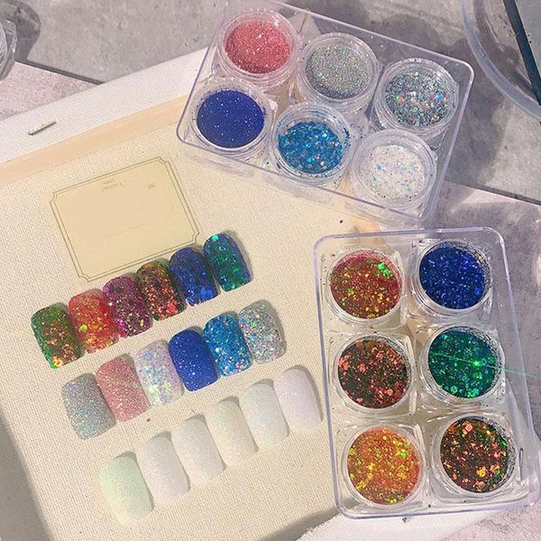 

nail glitter 6pcs/set rainbow color shiny pigment crystal diamond powder holographic glass micro drill diy nails art decoration, Silver;gold
