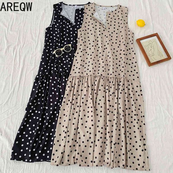 Sommer Koreanisches Retro Temperament Joker Polka Dot Ärmelloses Langes Kleid Weibliche 210507