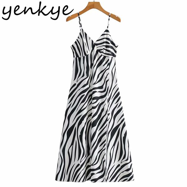 Vintage Zebra Çizgili Sling Seksi Elbise Kadın V Boyun Yüksek Bel A-Line Rahat Uzun Kadın Yaz Gece Dışarı Çıkışı Vestido 210430