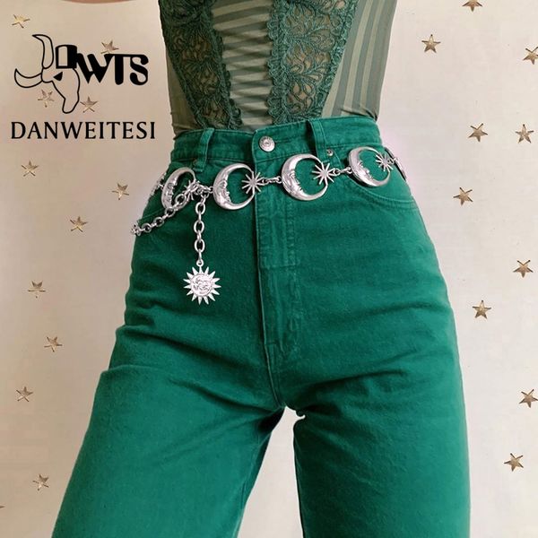 

dwts women belt femal belt waist chain women vintage party dark fashion punk metal gothic moon sun sliver pendant chain, Silver