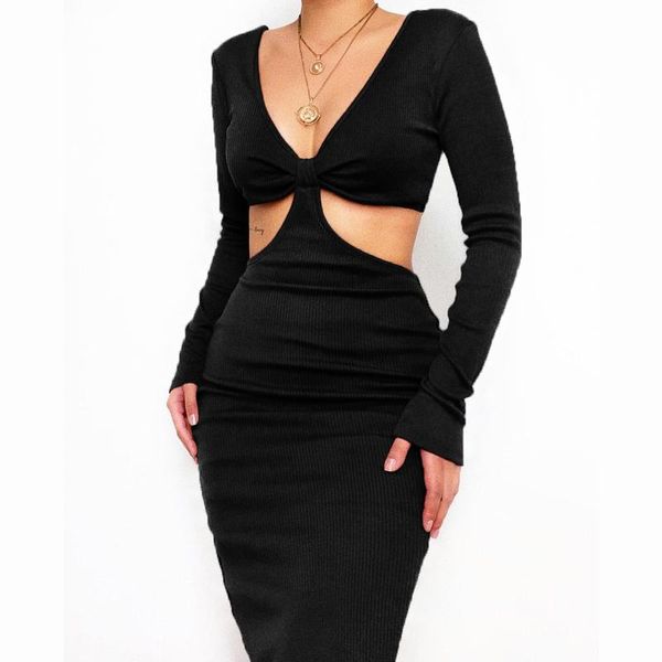 

casual dresses pure color women's autumn fashion v-neck long-sleeved woman dress with waistless backless tight-fitting, Black;gray