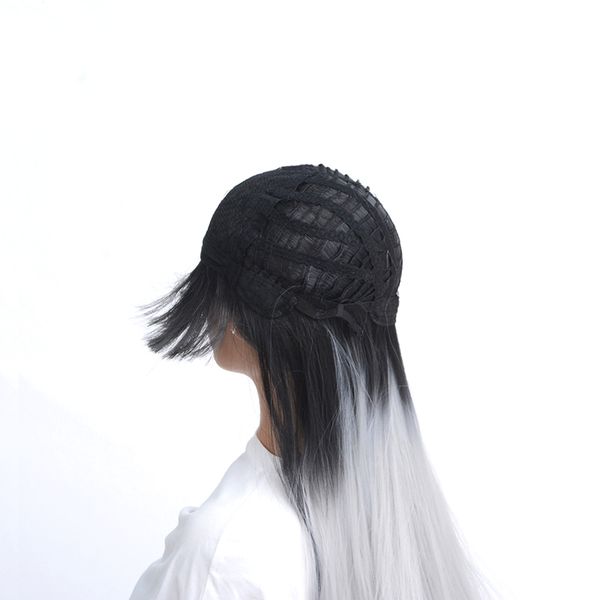 

26 inch long straight black gray ombre wig with bangs gray color heat resistant hair synthetic wig for womenfactory direct
