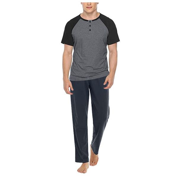 

men's sleepwear cotton pajamas set for men short sleeved long pants homewear leisure round collar pyjamas trousers summer nightwear, Black;brown