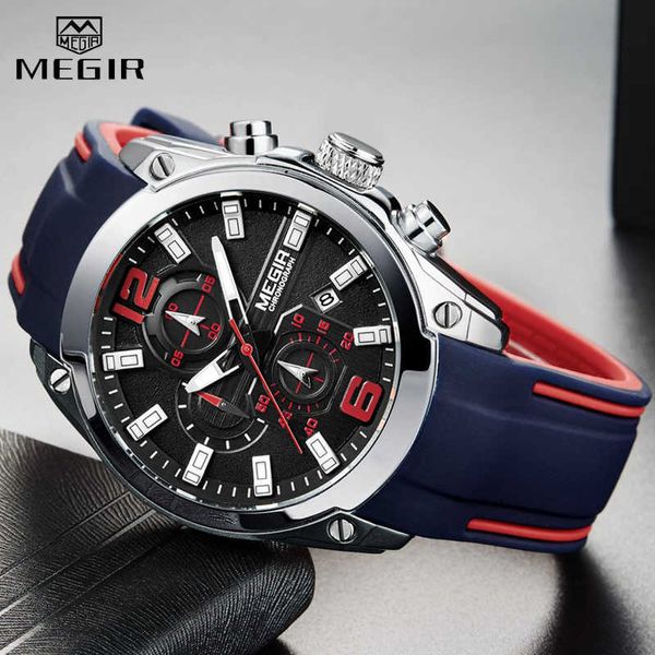 

megir watch brand mens es with chronograph waterproof silicone sport wristwatch men analog quartz relogio 210728, Slivery;brown