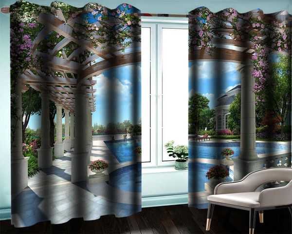 

romantic landscape blackout 3d curtain luxuriously decorated bedroom with beautiful flower pavilion swimming pool & drapes