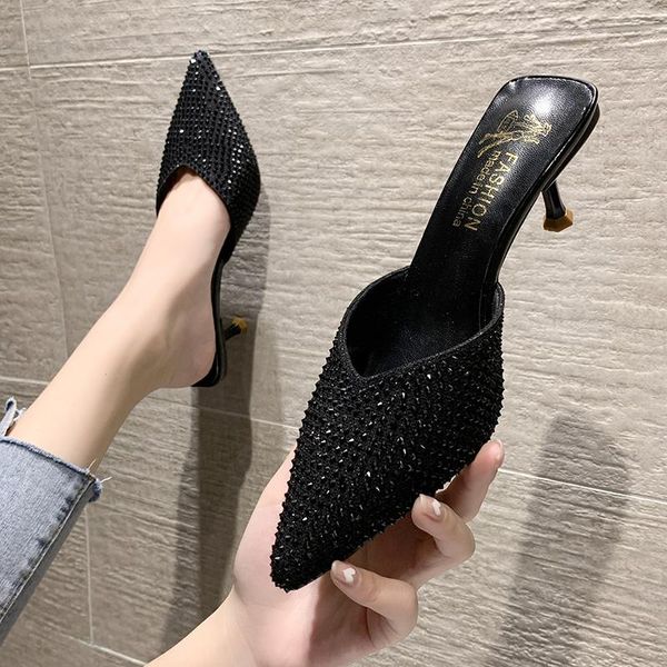 

slippers fashion rhinestone mules shoes for women slides small square toe slip on sandals crystal high heels, Black