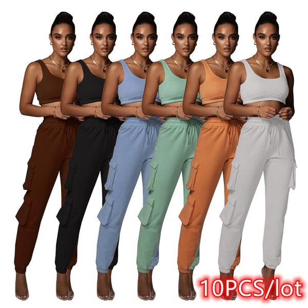 

women's two piece pants 10pcs 2021 autumn fashion sleeveless tank + pocket sweatpants women 2 set tracksuit sportswear bulk item wholes, White