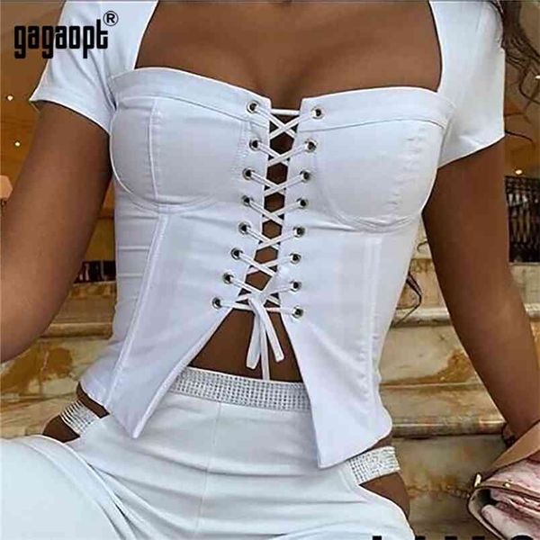 

gagaopt summer short sleeve women fashion lace up streetwear blusas 210406, White